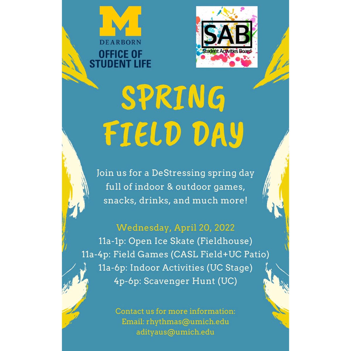 umd_sab's tweet photo. Join SAB and OSL for a DeStressing Spring Day on Wednesday, April 20th from 11 AM to 6 PM at CASL Field and UC Patio for indoors and outdoor games, snacks, drinks and much more!! https://t.co/WVQNxOxSZG