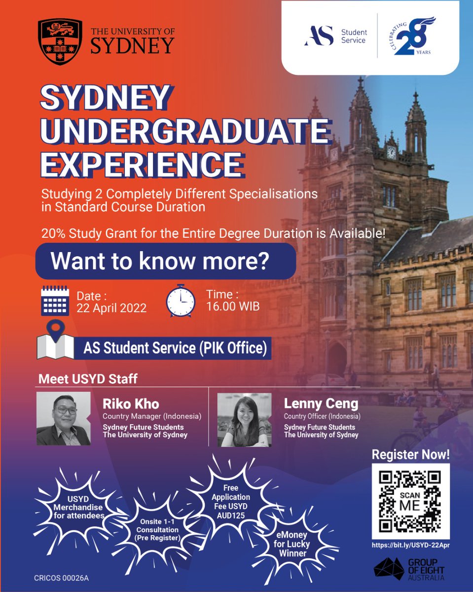 Info_AS_Student's tweet photo. Apa itu Sydney Undergraduate Experience? Penasaran? Banyak benefit nya kalau ikut acara ini seperti mendapatkan 1-1 Consultation langsung bersama Institusi dan juga mendapatkan eMoney for Lucky Winner nih bagi yang datang, kuota terbatas. Yuk buruan daftar!! 🙂 https://t.co/5Fj0dGbaCp