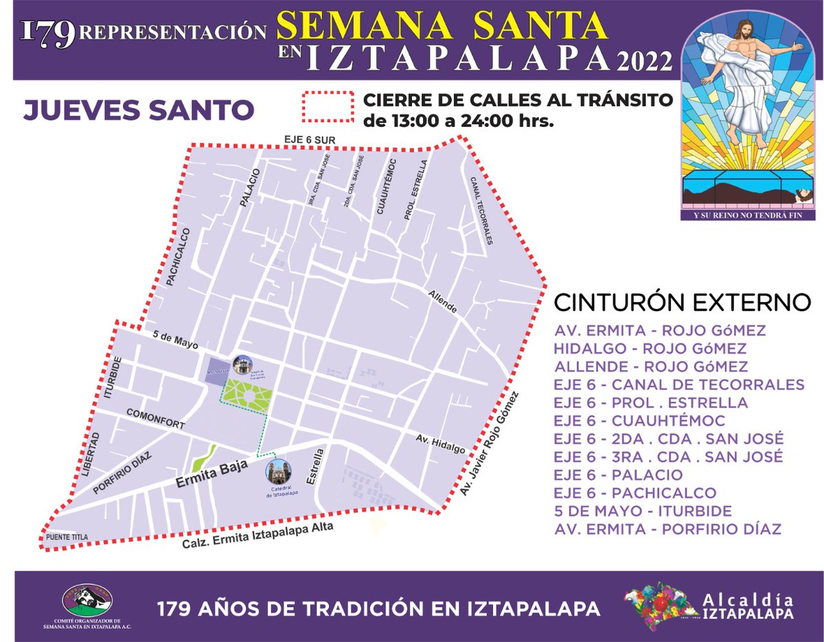 #TomaNota de las calles 👇 cerradas a la circulación el próximo 14 de abril, de 13 a 24 hrs, con motivo del #JuevesSanto de la #179Representación de #SemanaSantaEnIztapalapa, el cual se realizará sin público. Síguelo por redes sociales <a href="/CanalOnceTV/">Canal Once</a>, <a href="/canalcatorcemx/">Canal Catorce</a> y <a href="/Capital_21/">Century 21 Capital Properties</a>.