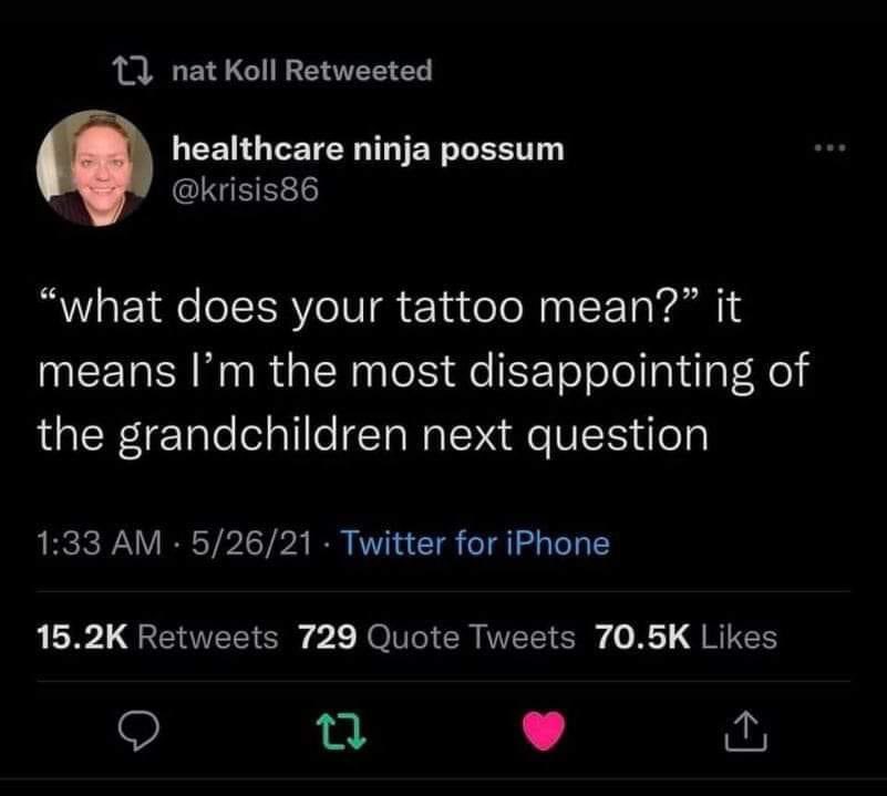 AllieBex's tweet photo. The perfect image to share on the third anniversary of my @OhNoPodcast tattoo 💜💜💜 (Also worth noting, I’m one of two grandchildren 😂 but considering my sister just had a baby, yup, definitelyyyyy the most disappointing) https://t.co/844jfXvmM8
