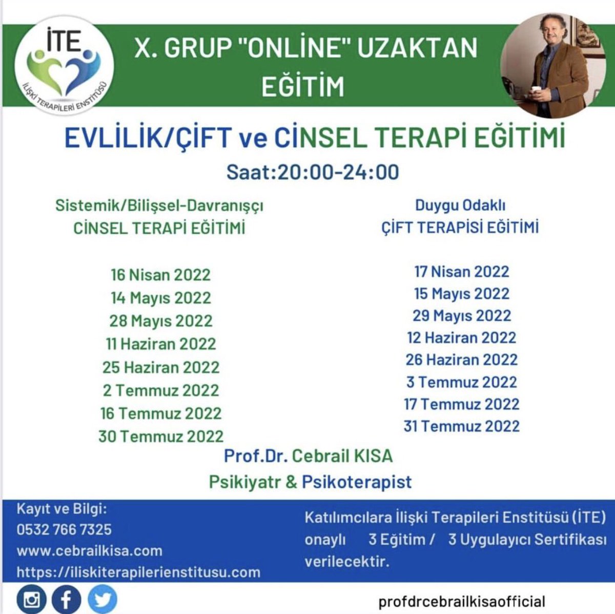 Merhaba KAYIT İÇİN SON HAFTA!!
 X. GRUP
ONLİNE-UZAKTAN EĞİTİM “EVLİLİK, ÇİFT ve 
CİNSEL TERAPİ EĞİTİMİ”  BU HAFTA SONU BAŞLIYOR!!
💢 “İLİŞKİ TERAPİLERİ ENSTİTÜSÜ” olarak 8 Modül olan ONLİNE “Evlilik,Çift ve Cinsel Terapi Eğitimi”  ne 16-17 Nisan