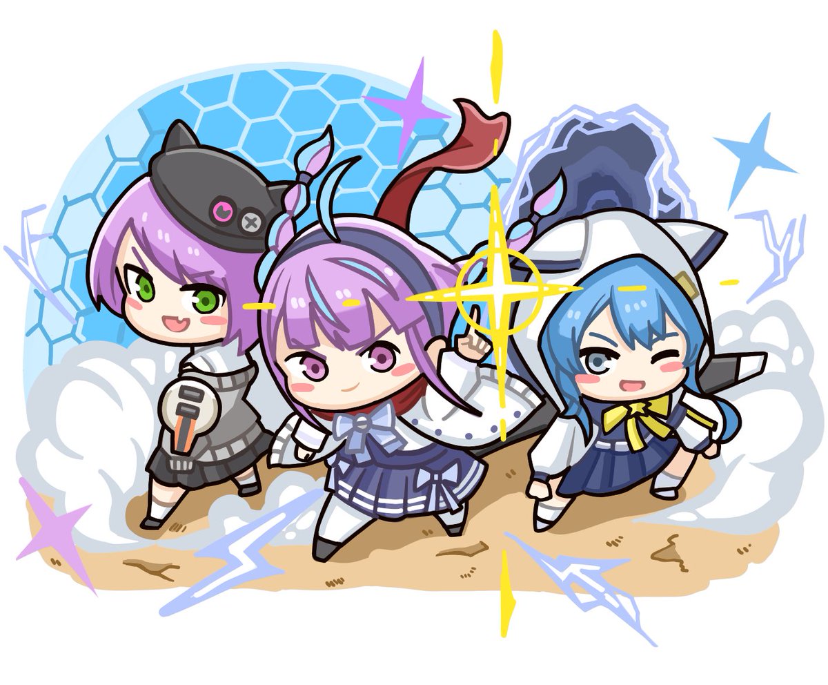 hoshimachi suisei ,minato aqua ,tokoyami towa multiple girls 3girls purple hair blue hair chibi green eyes skirt  illustration images