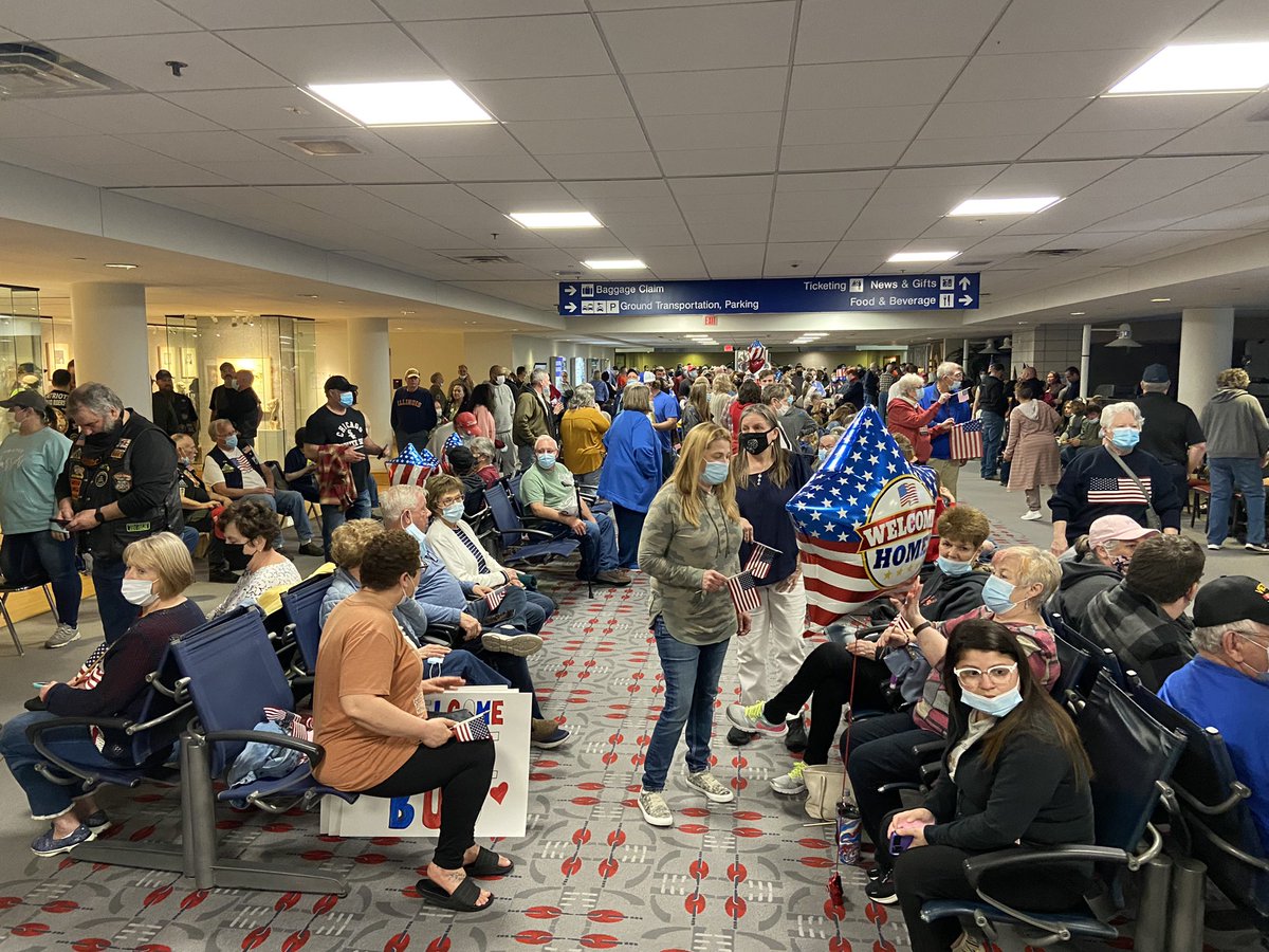 Hundreds of people are already in the @qcairport terminal waiting for the 52nd Honor Flight of the Quad Cities to land. We’re expecting to see them in about 30 minutes or so. @wqad