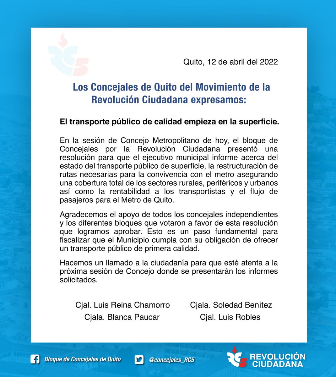 🔵🔴 | El Bloque de Concejales de Quito de <a href="/RC5Oficial/">Revolución Ciudadana</a> exige que un mejor servicio de transporte público para los quiteños. Invitamos a la ciudadanía a que esté alerta sobre el proceso de fiscalización que estamos iniciando. ⬇️

#TransporteDignoUIO