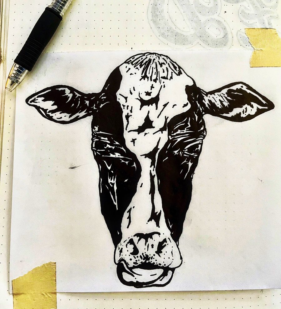 DesignAyeEm's tweet photo. Some classic cow #art 
Clean it up on #illustrator and make some #print butter 🧈 😉✌️
#illustration #Ink #graphic #artist #sticker #animal #artistsontwitter #design #GraphicDesigner #blackandwhite #drawing https://t.co/NJNn2b7UjU