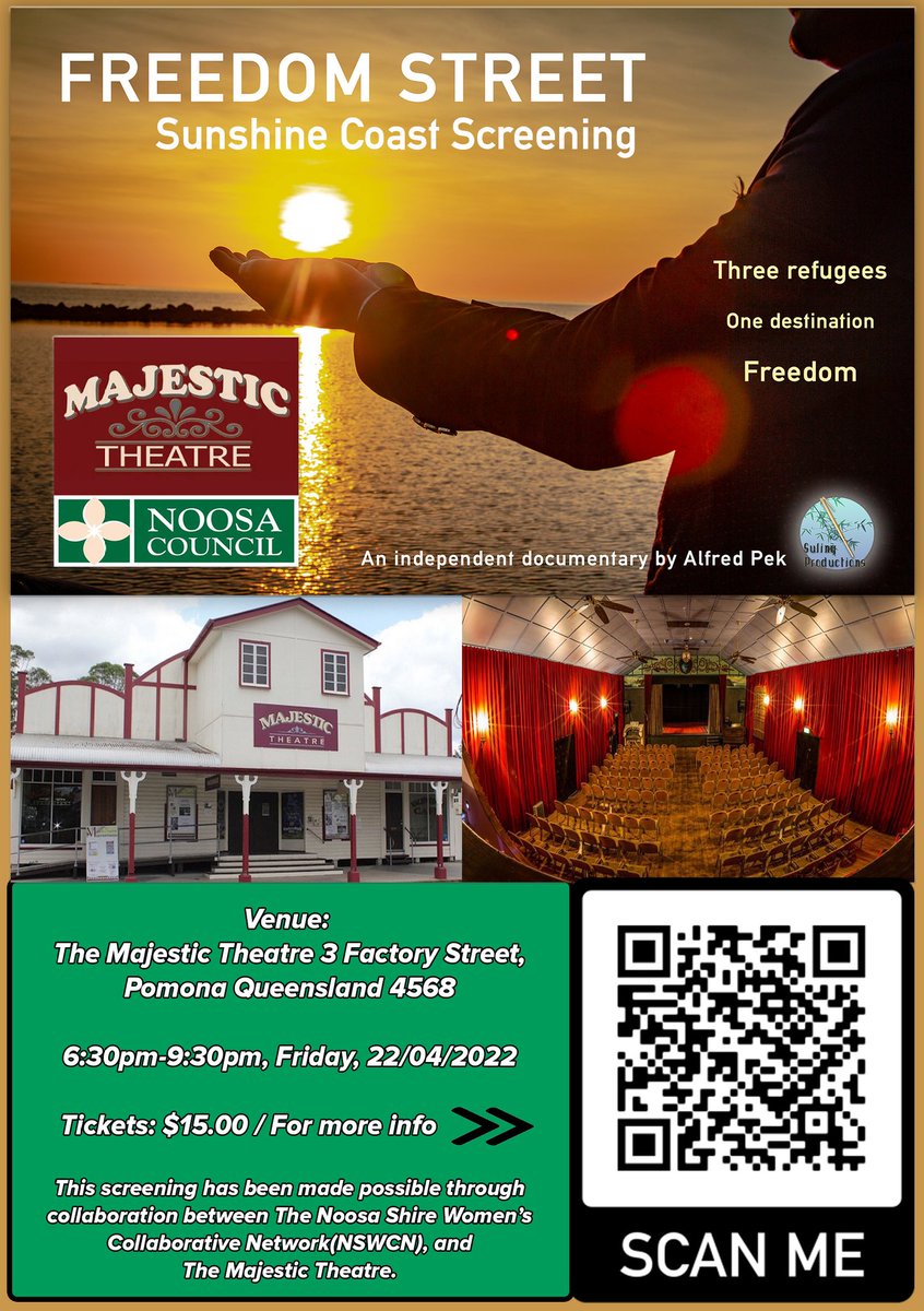 FreedomStreetD1's tweet photo. Grab your tix now 🌟🎞 https://t.co/fzrJO6bc0G
In Sunshine Coast, Noosa, and the hinterland area on 22/04? Come and attend to our multi-award winning Refugee Human Rights documentary premiere here 🫂👋
For more informatiom, check us out @FreedomStreetD1 and spread the words 🌠 https://t.co/F3G2P5rWzM