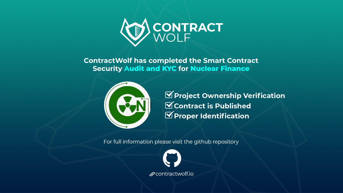 contractwolf_io's tweet image. ContractWolf gladly announces the final report of smart contract audit and KYC for 
@NuclearFin

Request a quote
contractwolf.io/contact

Check the Audit 
github.com/ContractWolf/s…

Check the KYC
github.com/ContractWolf/K…

#ContractWolf #SmartContract #SecurityAudit