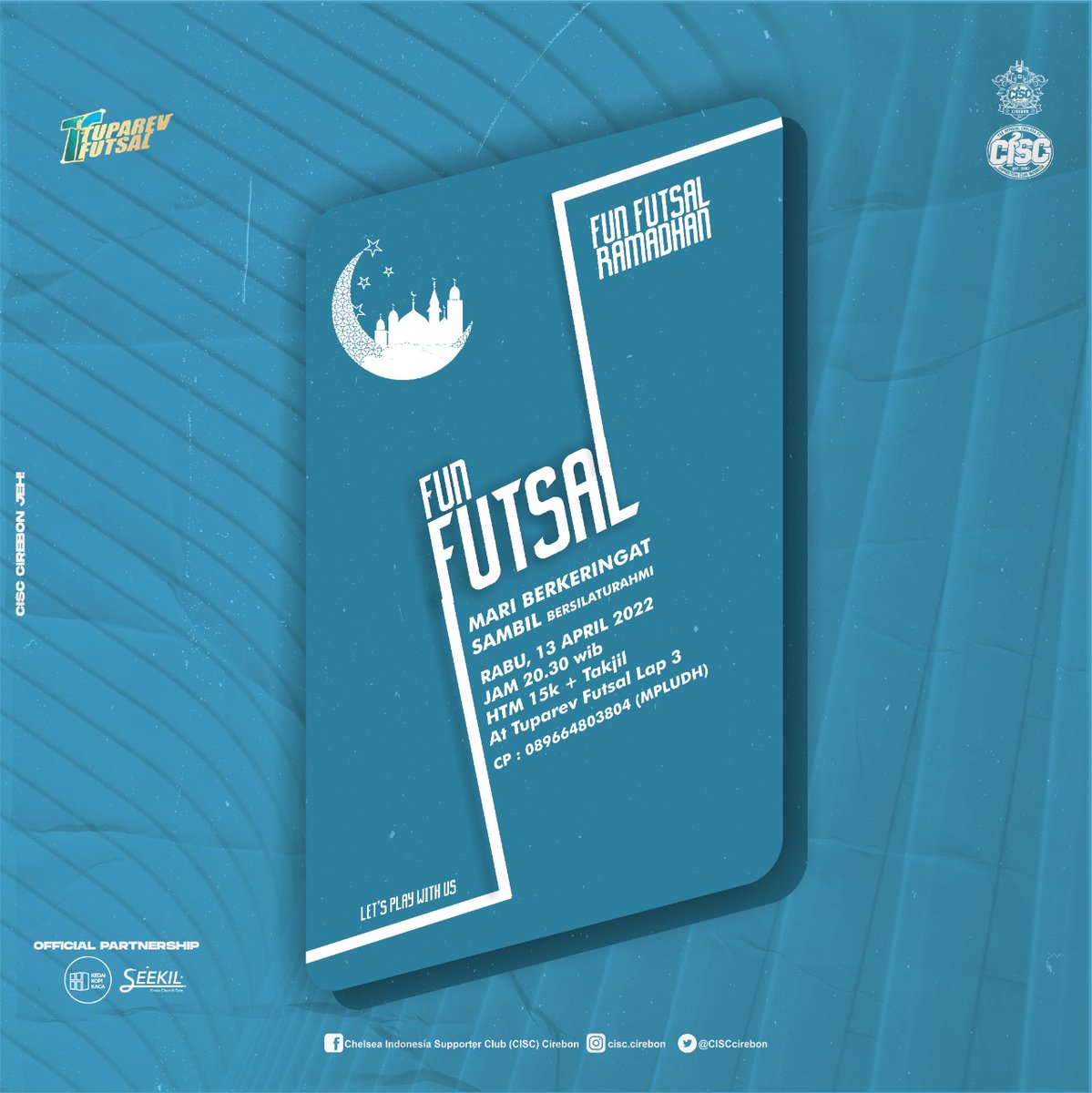 CISC Cirebon Jeh! (@cisccirebon) on Twitter photo FUN FUTSAL RAMADHAN CISC CIREBON🙌🏻
📅 Rabu, 13 April 2022
🕒 Start From 20.30 WIB
📍<a href="/tuparev/">Georg Tuparev 🇪🇺🇦🇲🇳🇱🇧🇬</a>.futsal lapangan 3
💰 HTM : Patungan 15k free Takjil
👕 Jersey Chelsea & CISC
CP : 0896648803804 (Mpludh)
Terbuka untuk member dan non member
Lets Play With Us! 🔥
#ChelseaIndo FUN FUTSAL RAMADHAN CISC CIREBON🙌🏻
📅 Rabu, 13 April 2022
🕒 Start From 20.30 WIB
📍<a href="/tuparev/">Georg Tuparev 🇪🇺🇦🇲🇳🇱🇧🇬</a>.futsal lapangan 3
💰 HTM : Patungan 15k free Takjil
👕 Jersey Chelsea & CISC
CP : 0896648803804 (Mpludh)
Terbuka untuk member dan non member
Lets Play With Us! 🔥
#ChelseaIndo