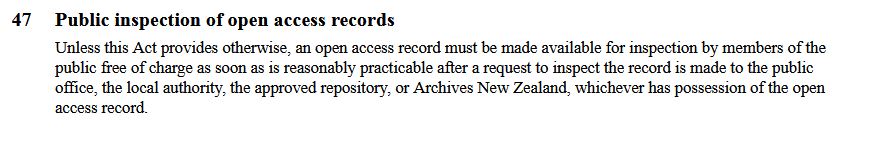 vomalley's tweet photo. Section 47 of the Public Records Act requires Archives NZ to make its records freely available to members of the public as soon as is reasonably practical on request. It is a legal requirement increasingly honoured more in the breach than the observance by our part-time Archives. https://t.co/5hvlD12gZV