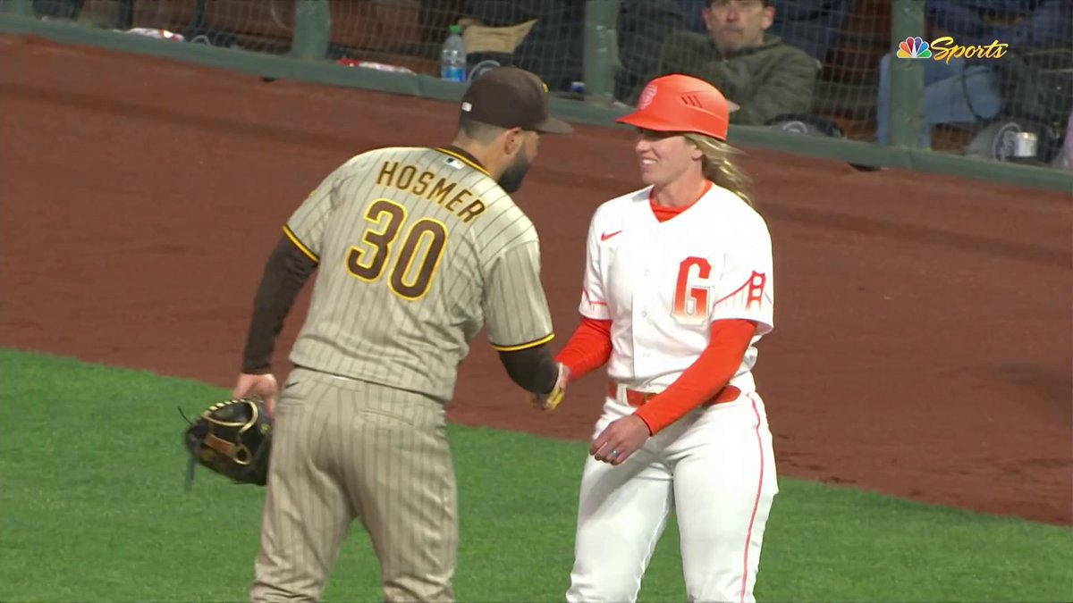 History.

Alyssa Nakken becomes the first woman to coach on the field in an MLB game after Antoan Richardson was ejected.

Eric Hosmer showed his appreciation 🤝