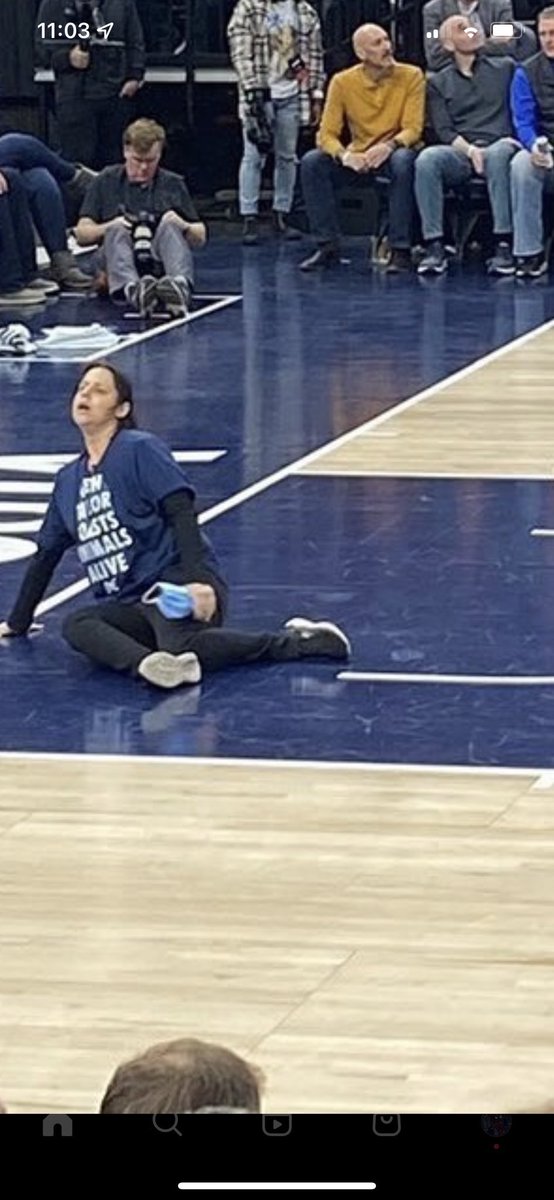 HarryDickage's tweet photo. Somebody get that psycho bitch freak protesting at the Timberwolves Clippers game off the fucking court. Crazy bitch tried gluing her hands to the floor https://t.co/P7eT8pEkMg