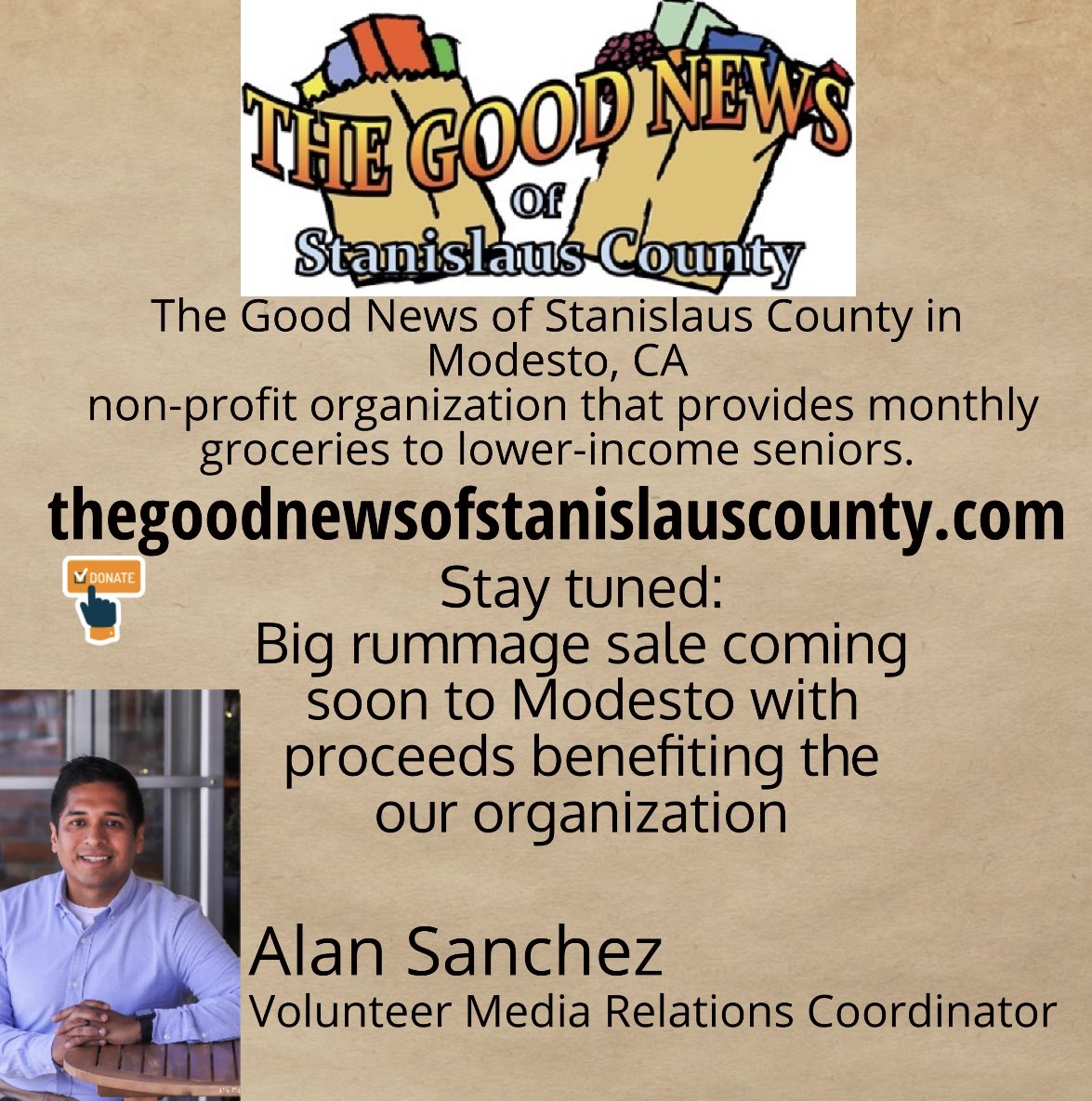 AlanSanchez's tweet photo. Breaking News π I'm the Media Relations Coordinator for The Good News of Stan. Co They provide groceries π₯ for low-income seniors. I'm joining their volunteer team that works so hard to help their community. #publicrelations #StanislausCountry #modestoview #modesto https://t.co/f7Pe3V3yGj