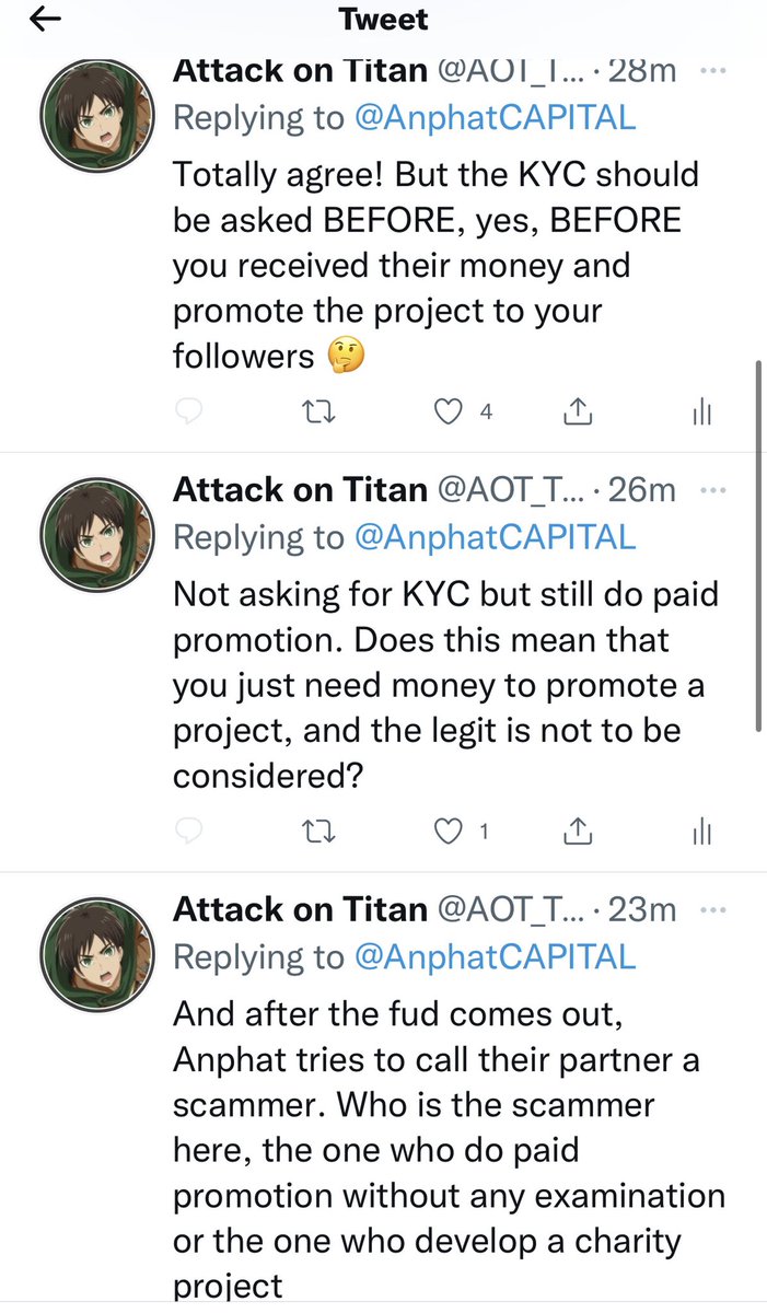 Attack on Titan (@aot_token) on Twitter photo Is that right, <a href="/AnphatCAPITAL/">AN PHAT CAPITAL</a> ?
We can not find out the reason you block us.
Please explain to everyone how you received $4000 from us and doing nothing as you committed. Here we go.
#unfair #liar #anphatisascammer Is that right, <a href="/AnphatCAPITAL/">AN PHAT CAPITAL</a> ?
We can not find out the reason you block us.
Please explain to everyone how you received $4000 from us and doing nothing as you committed. Here we go.
#unfair #liar #anphatisascammer