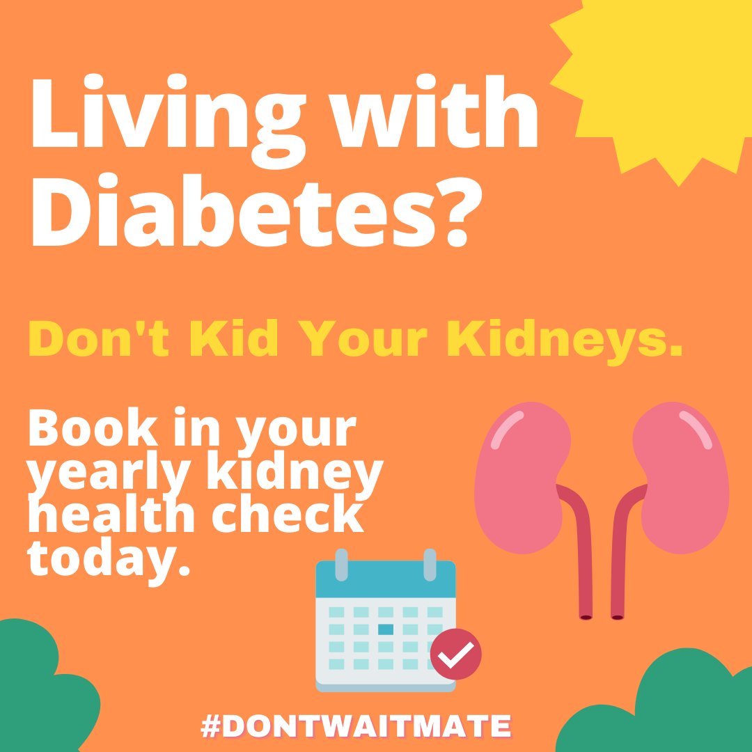 Know_Pathology's tweet image. Are you living with diabetes? Don’t kid your kidneys! People with diabetes are at risk of kidney damage so it’s important to get a kidney health check with your GP every year. Regular kidney checks are key to early detection of kidney disease. Don’t put it off!
#DontWaitMate