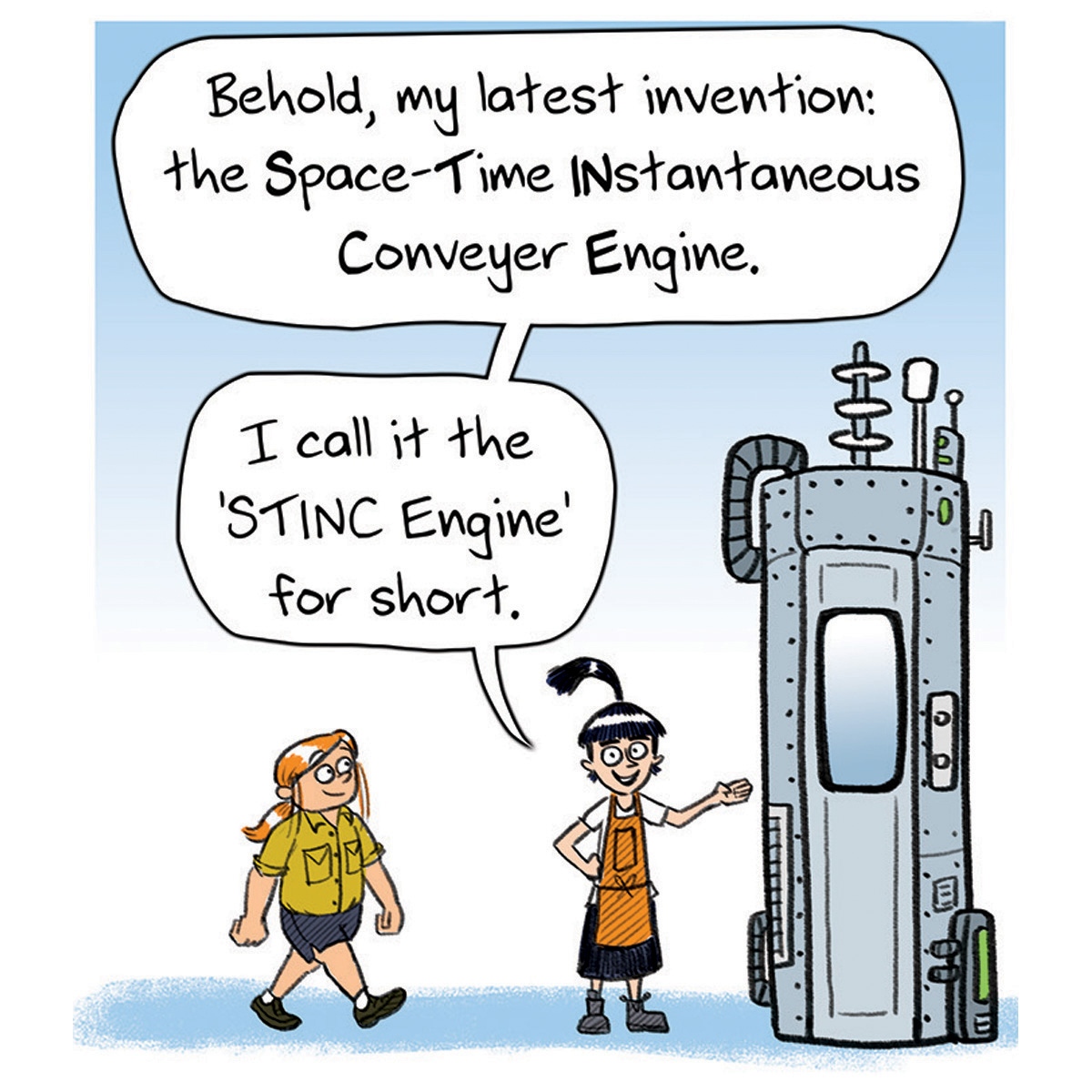 Jamesfoleybooks's tweet photo. Here's a bit from episode 1 of SALLYMANDER, the comic I've got in this year's @TheSchoolMag.
Sally Tinker's built a Space-Time Instantaneous Conveyer Engine, aka the 'STINC Engine', aka a time machine.
@FremantlePress #SallyTinker #StinkerInc #Sallymander https://t.co/ipoXHu5BG0
