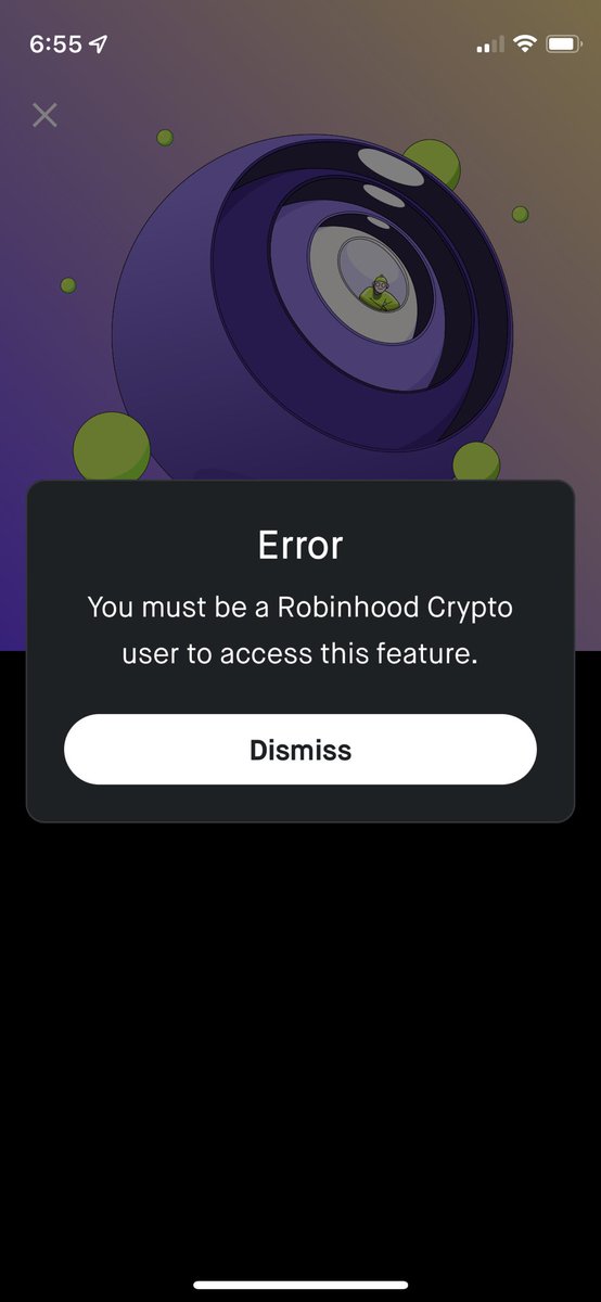 parkn's tweet photo. @RobinhoodApp hey, what should I do? Even I received a notification that informed me of I’m eligible for the Crypto wallet, this error always pops up. https://t.co/IgT1W3JO0w