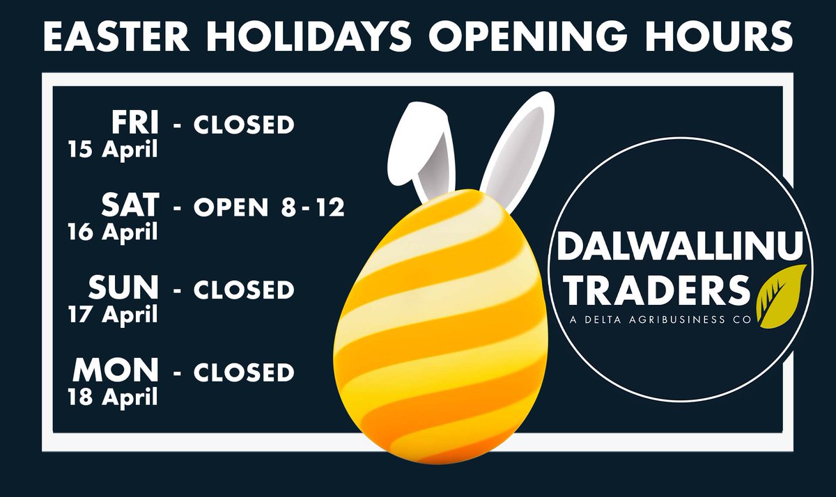 Our Easter Holidays Opening Hours:

15 April Good Friday - CLOSED
16 April Saturday - OPEN 8 - 12
17 April Easter Sunday - CLOSED
18 April Easter Monday - CLOSED

Wishing you and your family a Safe &amp; Happy Easter Holidays!  🐰
