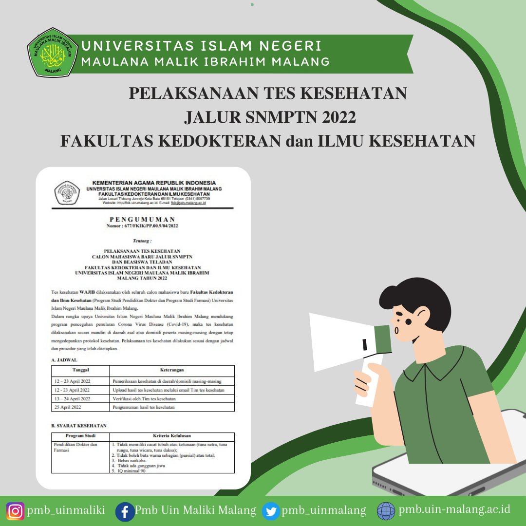 Pengumuman Jadwal Pelaksanaan Tes Kesehatan Jalur SNMPTN 2022 fakulatas Kedokteran dan Ilmu kesehatan

informasi klik laman ini pmb.uin-malang.ac.id/index.php/2022…