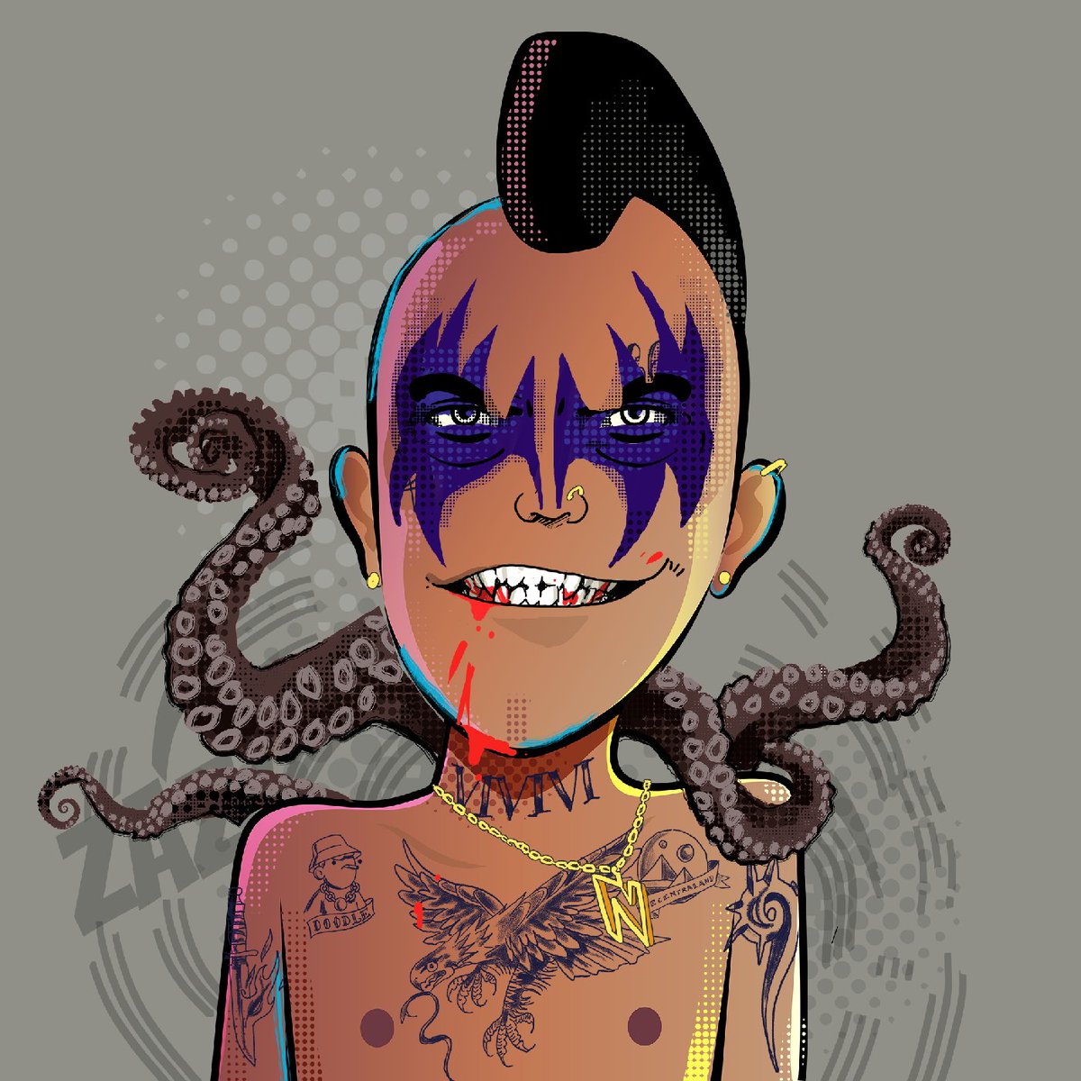 normies_nft's tweet photo. His name is "Screeching Vicious Shane" a @normies_nft with Kiss Make-up, Tentacles on his back, a Golden Normies Pendant, @doodles and @decentraland tattoos and a nice vampire smile. #NFT #Doodles #Metaverse https://t.co/jqYvCgNYIb