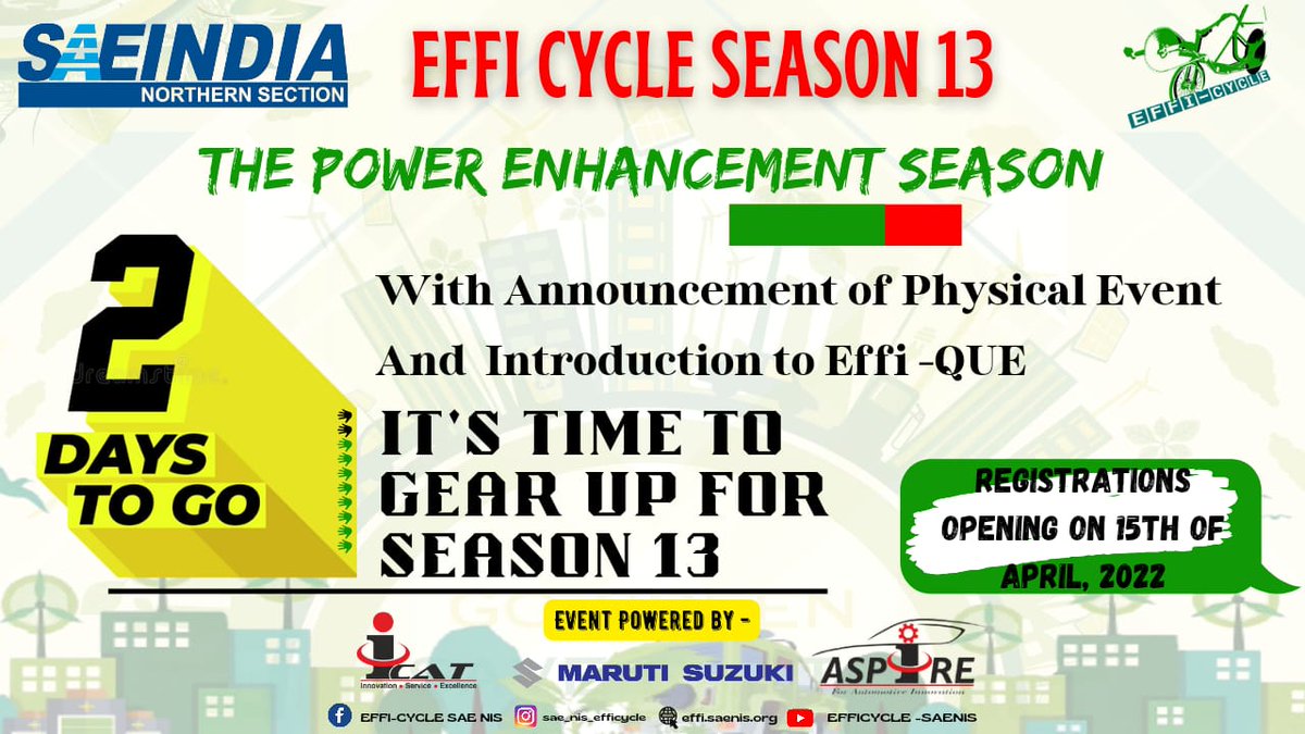 AspireIcat's tweet photo. Gear up for the thrilling and exciting 13th season of Efficycle. Students get an opportunity to get acquainted with leading automotive testing and certification.
Registration opens on 15th April, 2022.
#SAENISEfficycle #efficycle'22 #electricalvehicles #studentopportunities https://t.co/LFktjOGXcK
