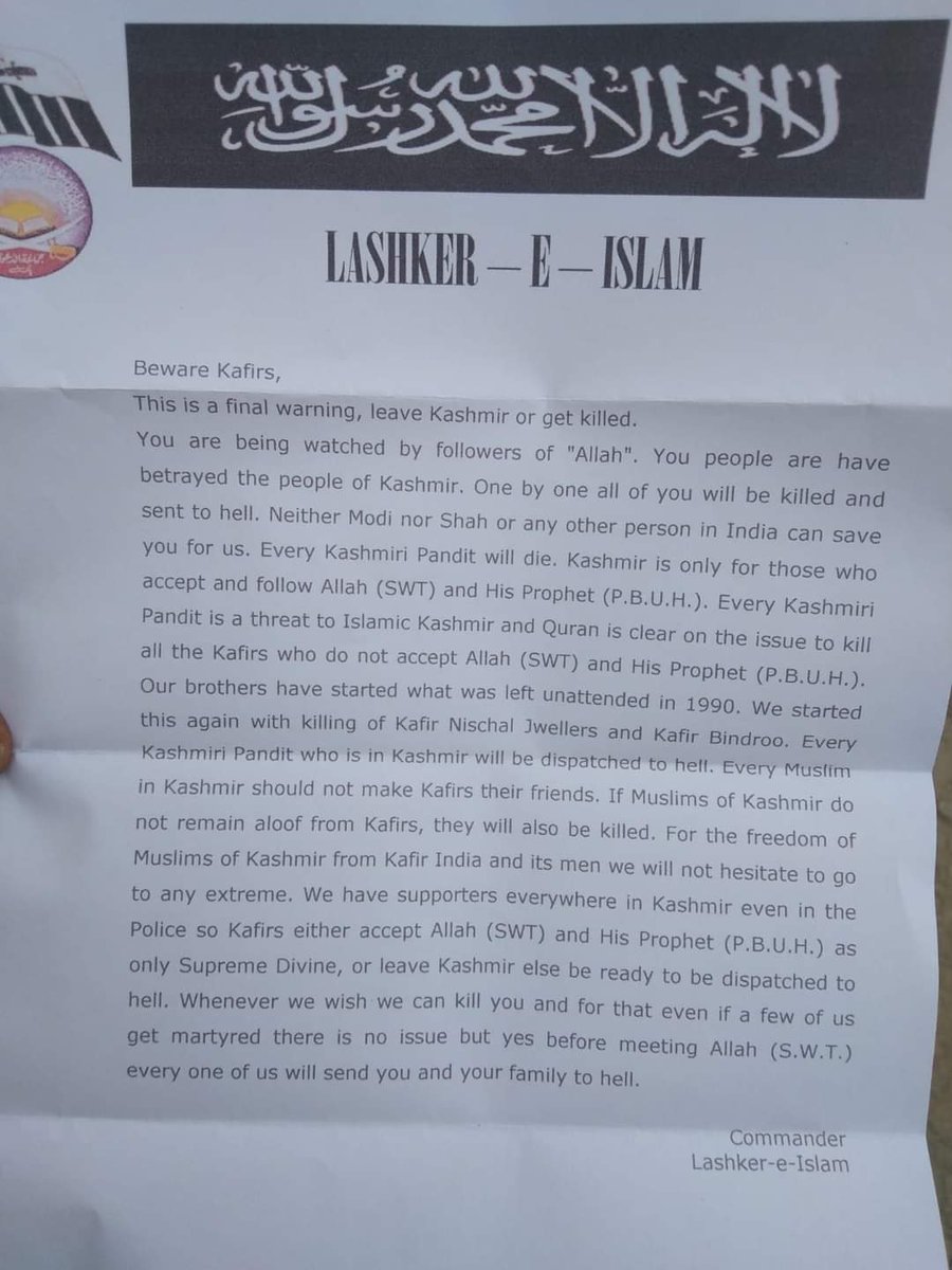 Open Threat to Kafir (Non Muslim) again in Kashmir Valley circulating on Social Media.

Nothing New, every word written in this threat Letter is our Story 

#TheKashmiriFiles is our Story a True Story