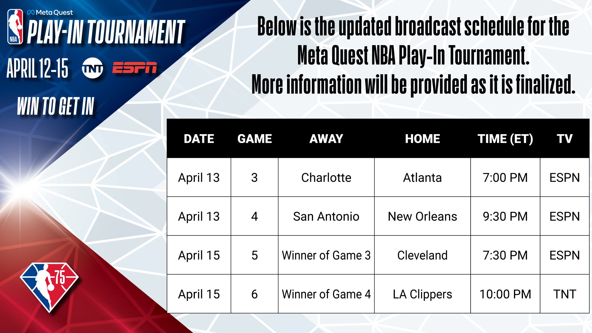 NBA on Twitter "RT NBAPR Updated schedule for the remaining Meta