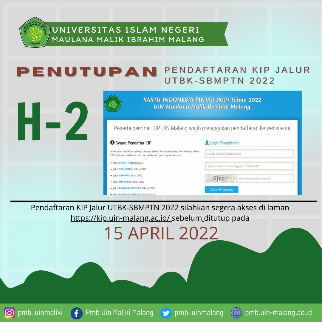 Pendaftaran UTBK-SBMPTN tinggal 2 hari lagi, yuk yang belum daftar segera daftarkan diri ya :)

#uinmlg
#kuliahdiuinmalang
#infokipuinmalang
#kuliahdiptkin
