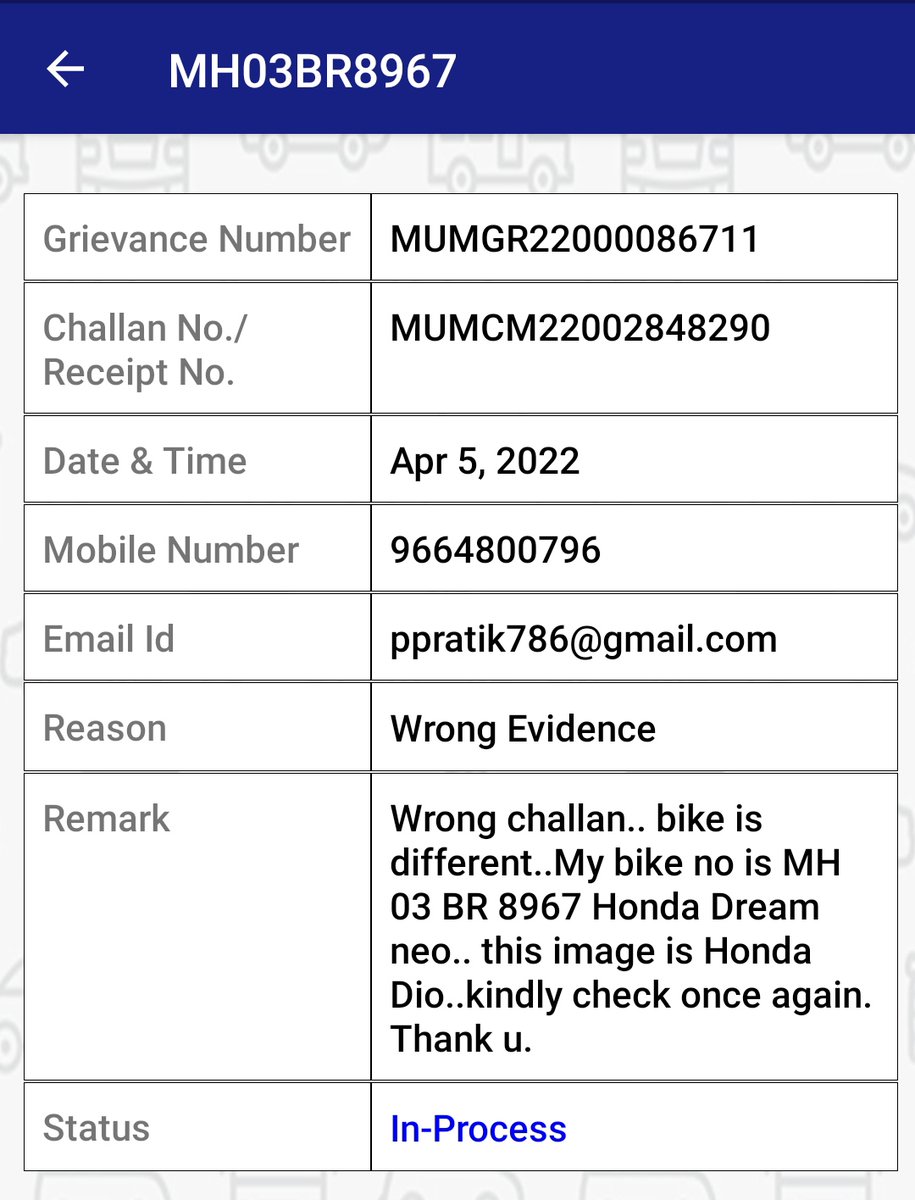 PRP_activitylog's tweet image. दुसऱ्या गाडीचा फाईन माझ्या गाडीवर लावला आहे. नंबर सेम आहे 8967 पण गाडी वेगळी आहे. आज ७ दिवस झाले आहे तक्रार करून. कृपया लवकरात लवकर विचारात घ्यावे.