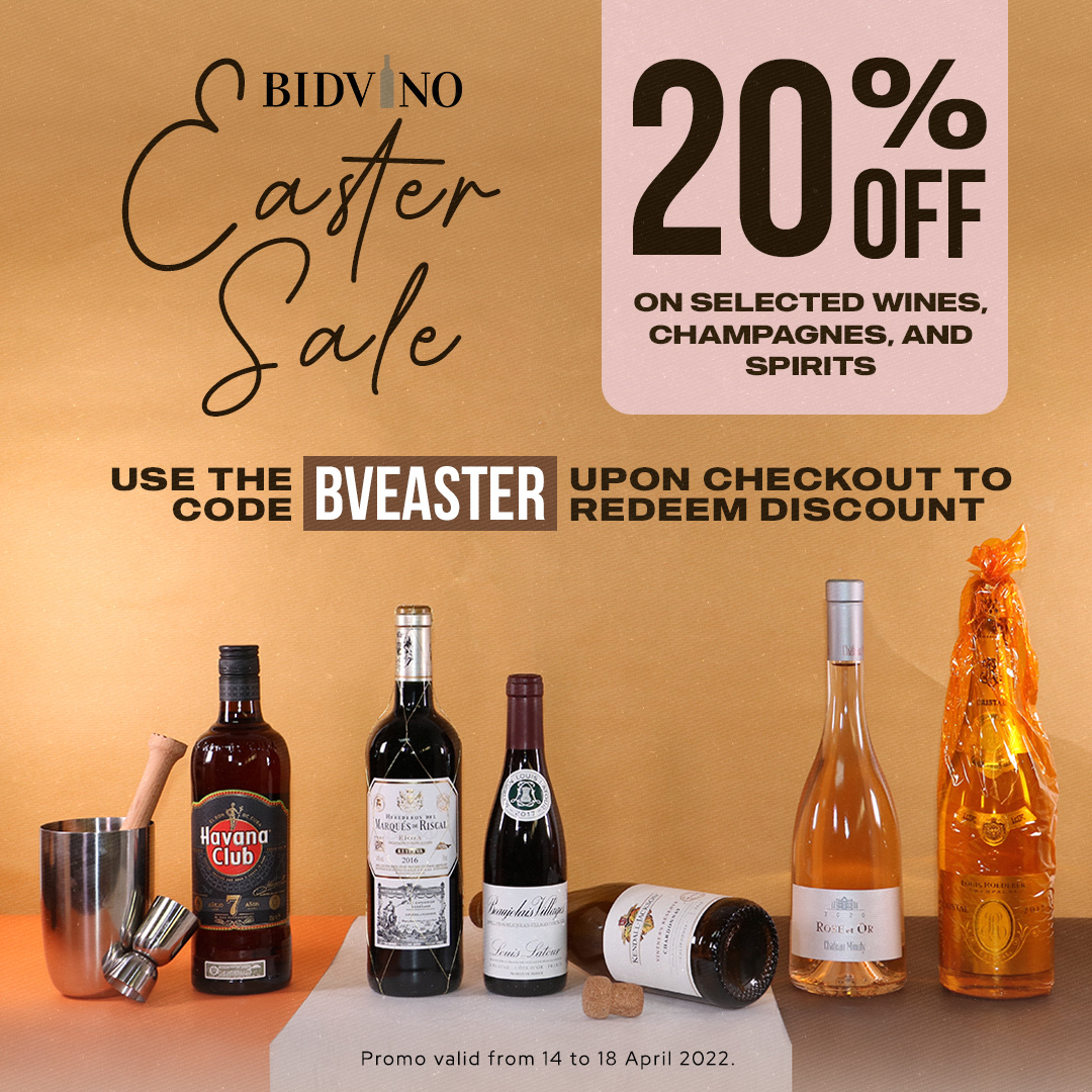 Enjoy the long weekend with wines, champagnes, and spirits at Bidvino.com. This Easter, we will be offering a 20% OFF on your favourites!

Use the code BVEASTER upon checkout to redeem discount.

Start shopping now!