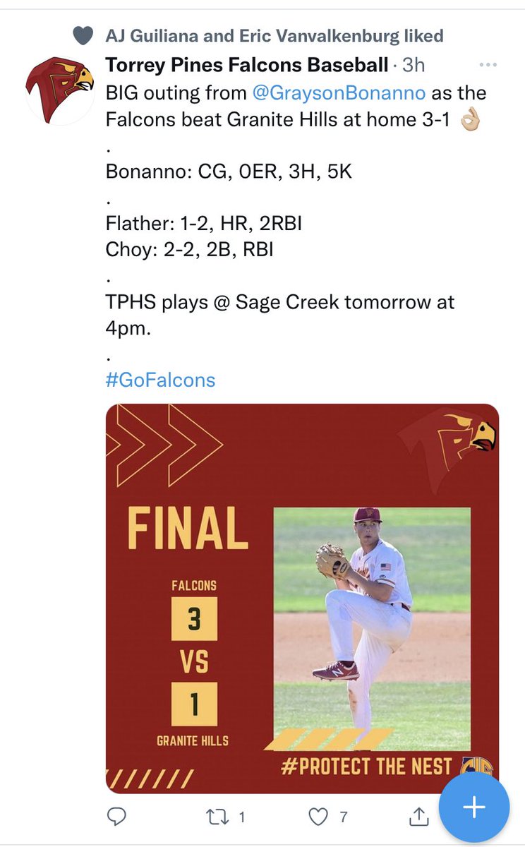 Great win for the boys today against a good team from Granite Hills.  2 for 2 today with a RBI double in the bottom of the 6th to provide a much needed insurance run going into the 7th!