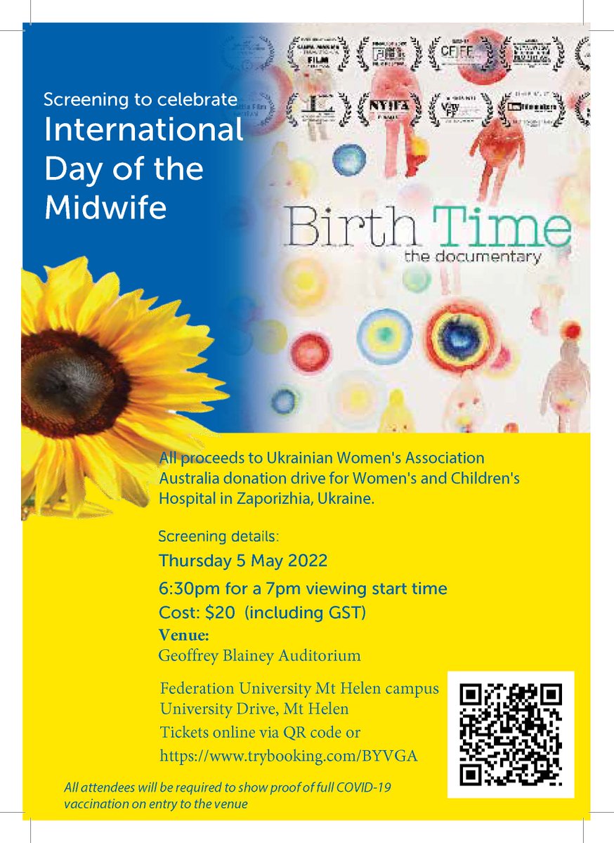 CramerRhian's tweet photo. Celebrate International Day of the Midwife with the award winning documentary Birth Time. All proceeds benefit Ukrainian women &amp; children caught up in the escalating conflict.
This event will be screened at 3 FedUni campuses in Mt Helen, Churchill, and Berwick. See you there! https://t.co/mRBOZtX7x0