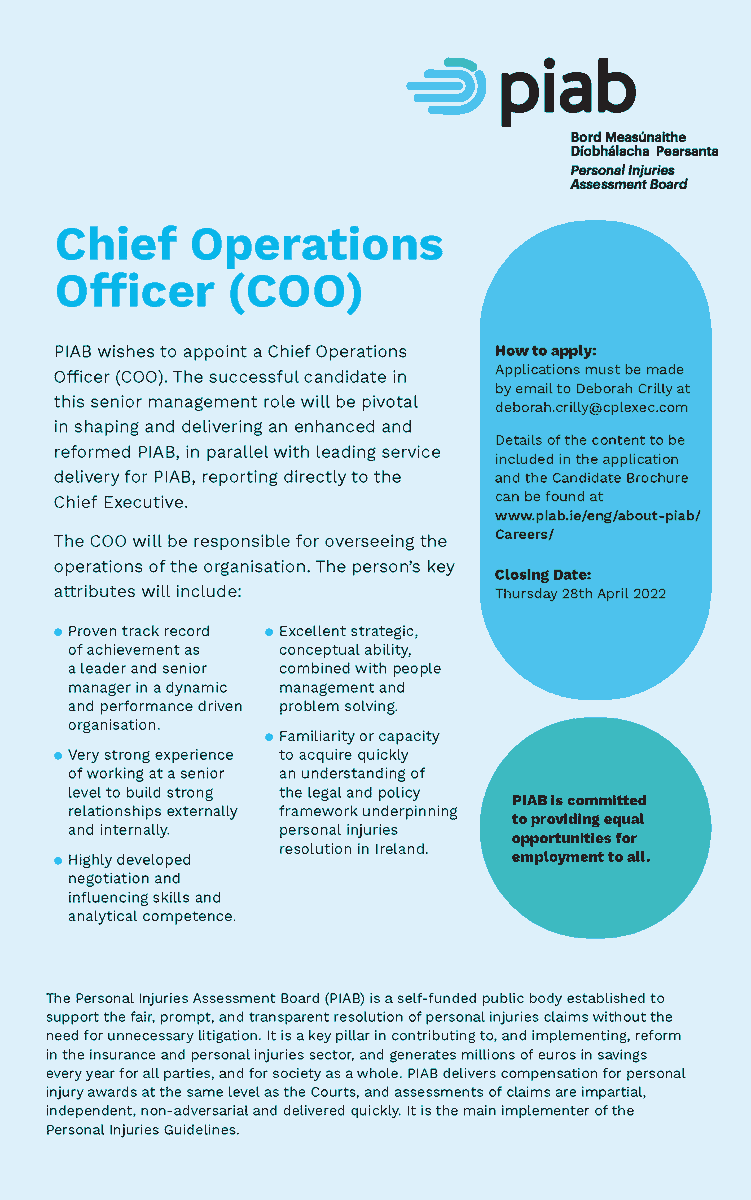 <a href="/PIABIreland/">@PIABIreland</a> is recruiting a Chief Operations Officer - details below and at piab.ie/eng/about-piab…
