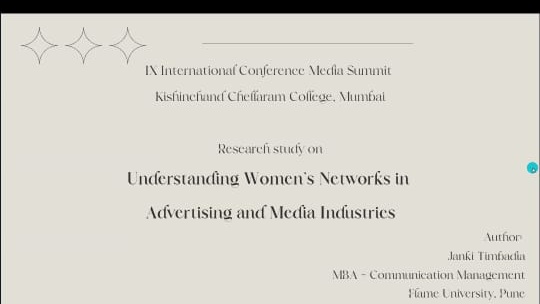 kccmediasummit's tweet photo. Day 2:
Session 2
Paper 2: Understanding women’s networks in advertising and media industries
Presenter: Ms. Janki Timbadia, Student, FLAME University, Pune
#TrinityOfTomorrow
#KCCMediaSummit2022
#research
#media https://t.co/xqEwx6dfRr