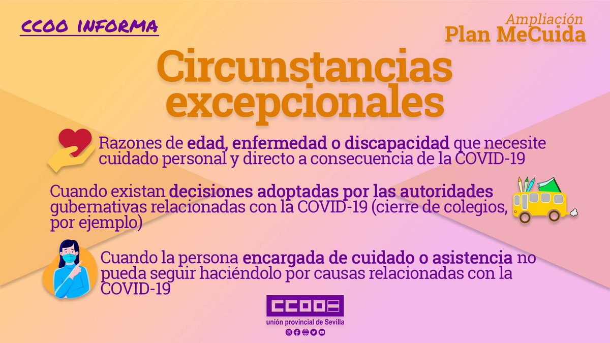 ccoosevilla's tweet photo. 📝#CCOOinforma | 🧐¿Sabes en qué consiste la ampliación del #PlanMeCuida?
🕰️Permite ampliar los derechos de adaptación y reducción de la jornada para circunstancias excepcionales derivadas de la #COVID19.
🔍Consulta aquí las todas las claves y cómo puedes aplicarlo👇 https://t.co/sFdM9h0Sjp