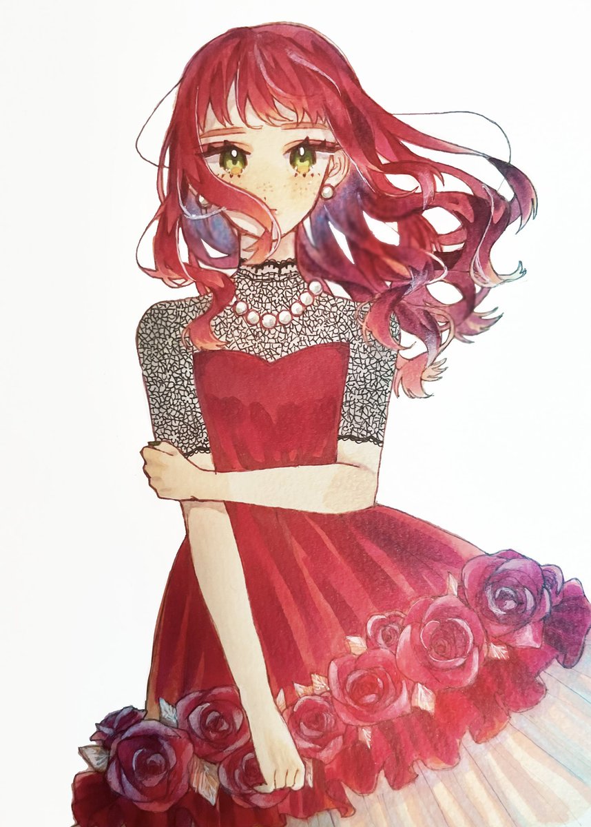 1girl solo dress red dress flower red hair jewelry  illustration images