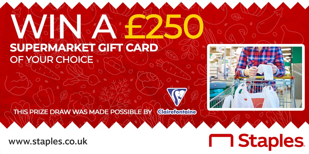 #WIN a £250 supermarket gift card of your choice 🛒

To enter:
1. Follow <a href="/StaplesUK/">Staples UK</a> and <a href="/ClairefontUK/">Clairefontaine 🇬🇧</a> 
2. Retweet this post

Winner announced 3rd May 2022 🏆 Running across Twitter, Instagram &amp; Facebook, ONE WINNER ONLY! #staplesstudents

Full T&amp;C’s: ow.ly/yP1T50IC0I7