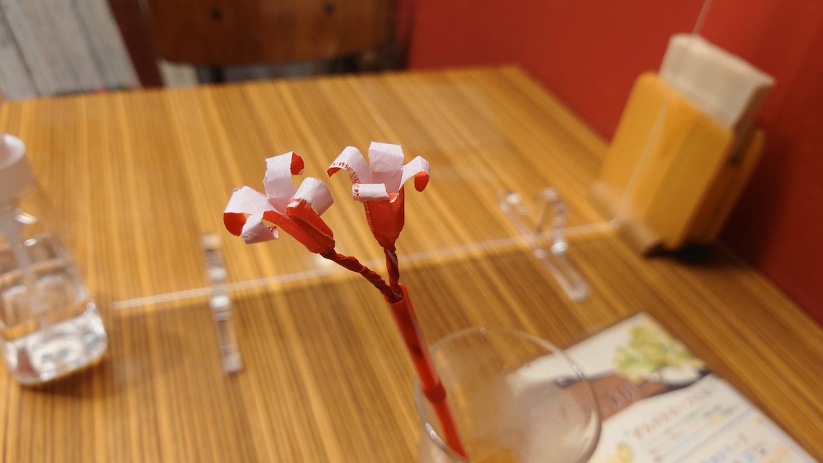 yayoi_midori's tweet photo. カフェのお客様がお帰りになったので、片付けに行くと、ストローの花が咲いてました。なんかうれしい。 https://t.co/x60CNQHEc7