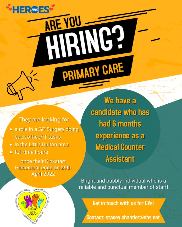 HMRPCA's tweet photo. 📢ARE YOU HIRING?
We have a candidate who's had 6 months experience as a Medical Counter Assistant and is now looking for a GP Administrator role!
For more info please contact Stacey at stacey.chantler@nhs.net
#GMPrimaryCare #HMRPCA #Hiring #JobVacancy #healthcarejobs #NHS https://t.co/iJ4FmidESz