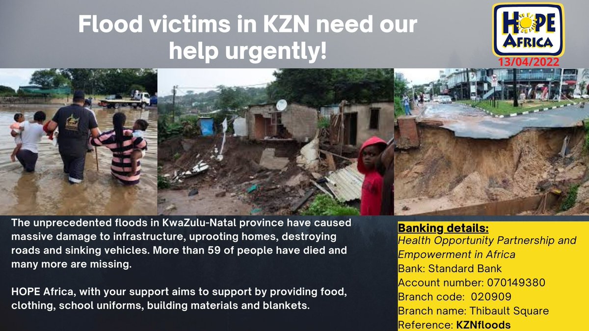 AcsaHope's tweet photo. We invite you to join HOPE Africa disaster relief to provide much needed essentials for victims of flooding in KZN.
#KZNFloods #PrayforKZN https://t.co/xoMeQ6Illi