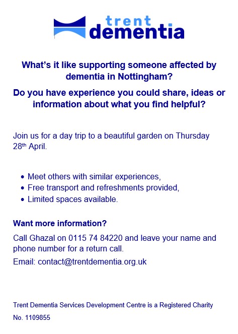 Are you a #carer of people living with #dementia in #Nottinghamshire who fancies a #free short trip to share ideas & meet your peers? @NottsFedWI @nottmcitywi @WIBeeston @StaplefordWI @TheHiveWI @MyLWE @my_mapperley @MyMeadows_ @my_radford @SherwoodNottm @mywollatonwest @MyLWE