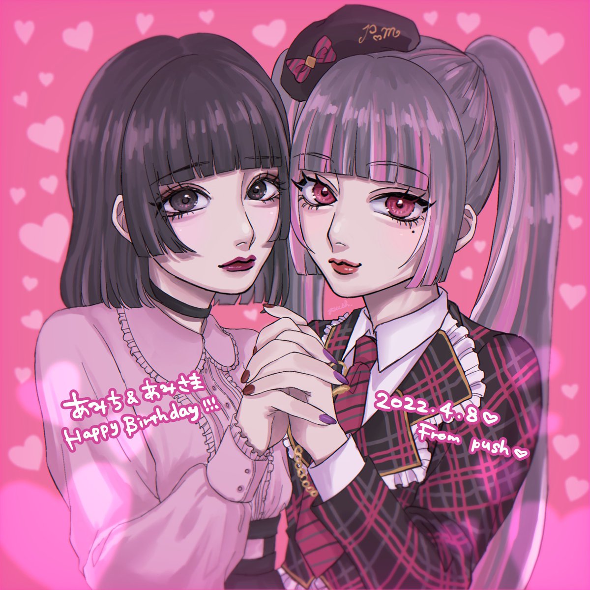 2girls multiple girls pink hair heart black hair bangs hat  illustration images
