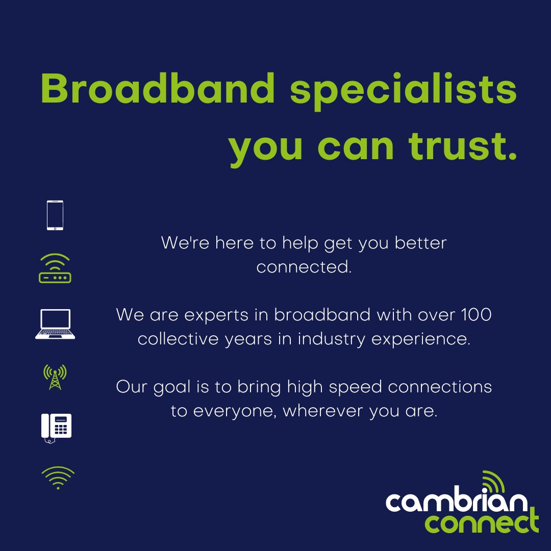 We have over 100 years of collective industry experience here at Cambrian Connect, we use this knowledge to find the best solution for every client.

Contact us today to see how we can help you!

Link to website in our bio. 

#wifi #telecoms #4G #fibre #wales #betterconnected