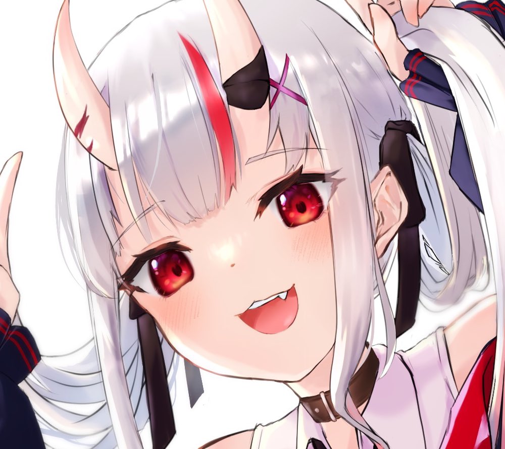 nakiri ayame 1girl oni horns solo horns red eyes streaked hair open mouth  illustration images