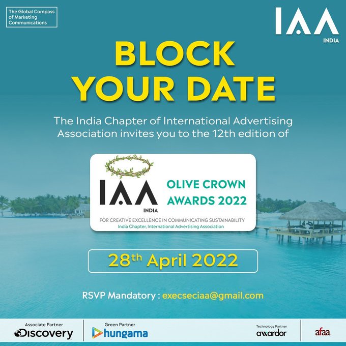Save the date -28th April 2022 #IAAOliveCrownAwards ! 💯 We are looking forward to seeing you! @skswamy @Raymondhungso @rameshnarayan @Discovery @shakyau @3AForg @BharatAvalani @Hungama_com
