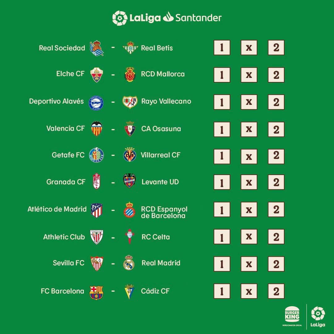 burgerking_es's tweet image. ¡Vuelve la Kingniela! Y aquí sí puedes fallar, de hecho, solo ganas si no aciertas ni una. 5 entradas dobles y 10 balones oficiales de @laliga están en juego. Para participar:
 
🍔 RT este tweet
🍔 Síguenos
🍔 Comparte la foto con tu pronóstico (1X2) y el hashtag #Kingniela