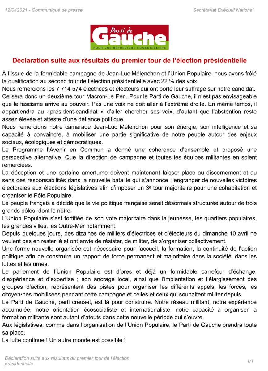 LePG's tweet photo. 🔴DÉCLARATION DU PARTI DE GAUCHE SUITE AUX RÉSULTATS DU PREMIER TOUR DE L'ÉLECTION PRÉSIDENTIELLE

➡️ Retrouvez notre déclaration sur le site du Parti de Gauche : https://t.co/Sq5cBstJqG https://t.co/Ugo6vOumb6