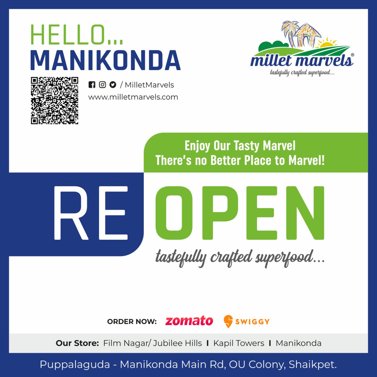 MilletMarvels's tweet photo. We're back!
Hello Manikonda,
We are so excited to reopen our @milletmarvels
#Manikonda branch.
Enjoy Our Tasty Marvel. There's no better place to Marvel.
#milletmarvels #manikonda #switchtomillets #Reopen #puppalaguda #hydfoodies #tastymarvels #milletrecipes https://t.co/SviARveYcZ