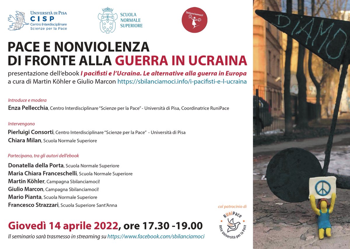 Sbilanciamoci's tweet photo. Domani giovedi 14 aprile alle 17.30, in diretta Facebook sulla pagina di #Sbilanciamoci un incontro con esperti di diverse università, col patrocinio della Rete delle Università per la pace #Runipace per parlare di #Ucraina, #pace e #nonviolenza a partire dal nostro ultimo ebook https://t.co/Rnx1eOYB4t