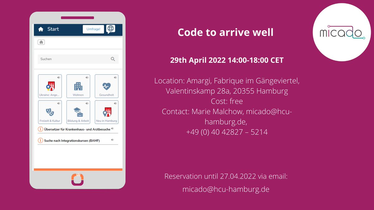 🔊Coders in Hamburg! Interested in testing our <a href="/H2020Micado/">MICADO H2020</a> app and improving the #UX of #migrants? 
Join us on ⏰29th of April 14:00-18:00 in Hamburg
🥘Food and drinks will be provided
More information 👉 bit.ly/3E9c0YE
<a href="/miict/">mikaeli alves</a> <a href="/easyRightsEU/">easyRightsEU</a> <a href="/H2020Welcome/">Welcome_H2020</a>