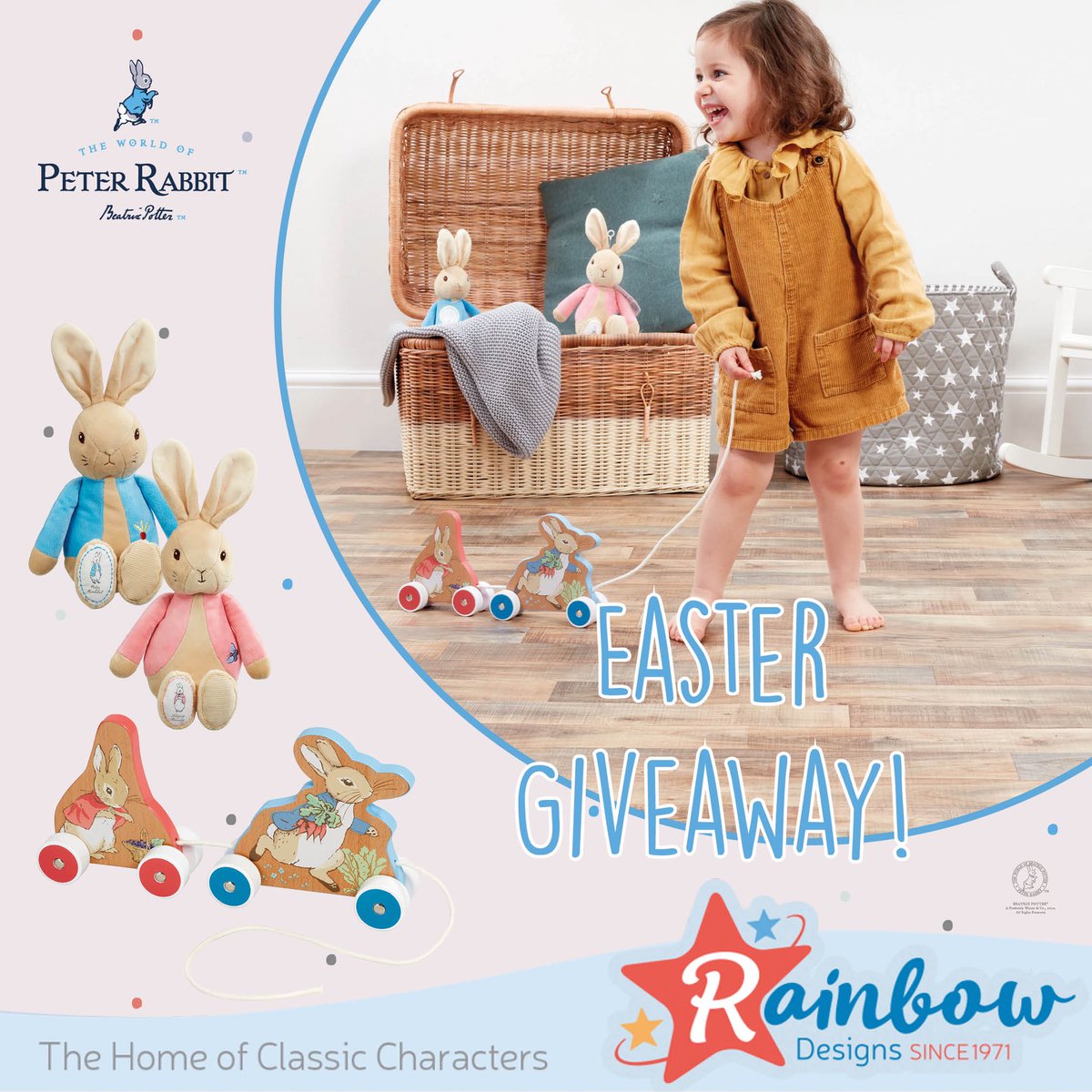 Happy Easter Giveaway🐰 To celebrate 120 Years of Peter Rabbit we are giving away our new Peter Rabbit &amp; Flopsy Bunny Wooden Pull Along and My First Peter &amp; Flopsy Soft Toys! To enter:
RT &amp; Follow
Comment: #EasterGiveaway 
Closes 2pm 19/04/22 UK only full T&amp;C’s on FB &amp; IG #win